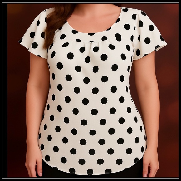 Adara Tops - Adara 1X Plus White & Black Polka Dot Flowy Flutter Sleeve Top
